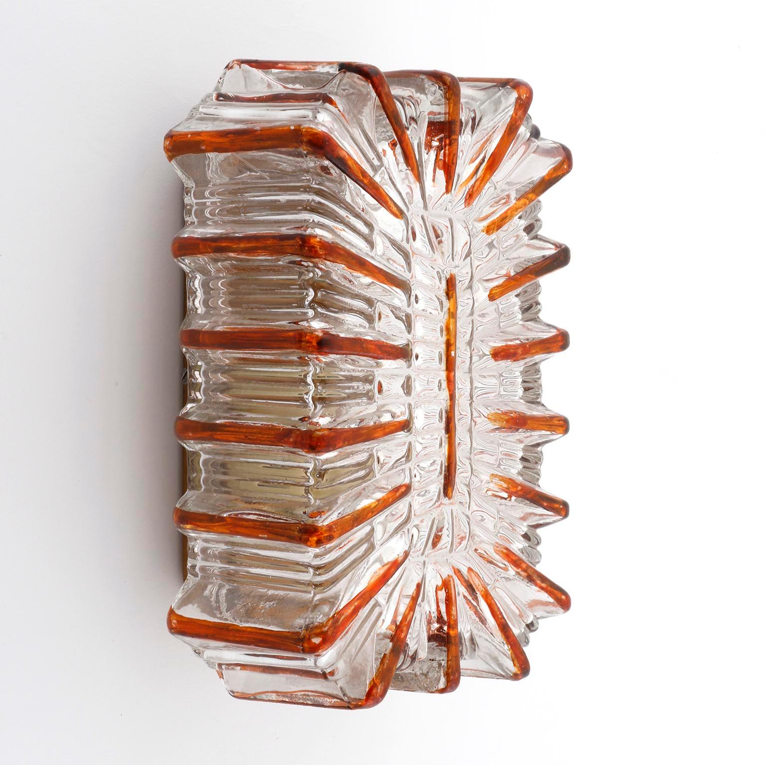 Mid-Century Modern Pair of Amber Tone Sunburst Glass Sconces Light Fixtures, 1970