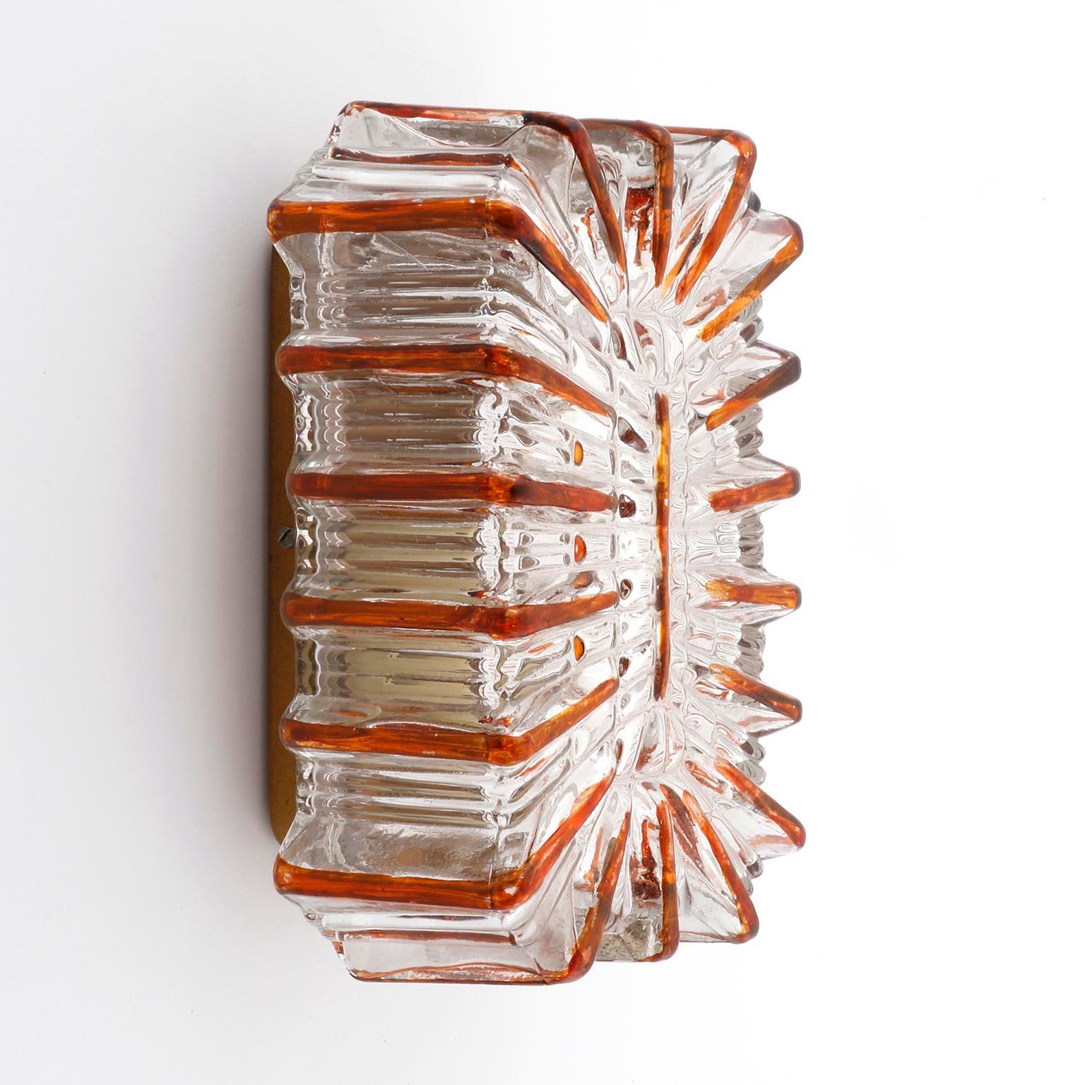 German Pair of Amber Tone Sunburst Glass Sconces Light Fixtures, 1970