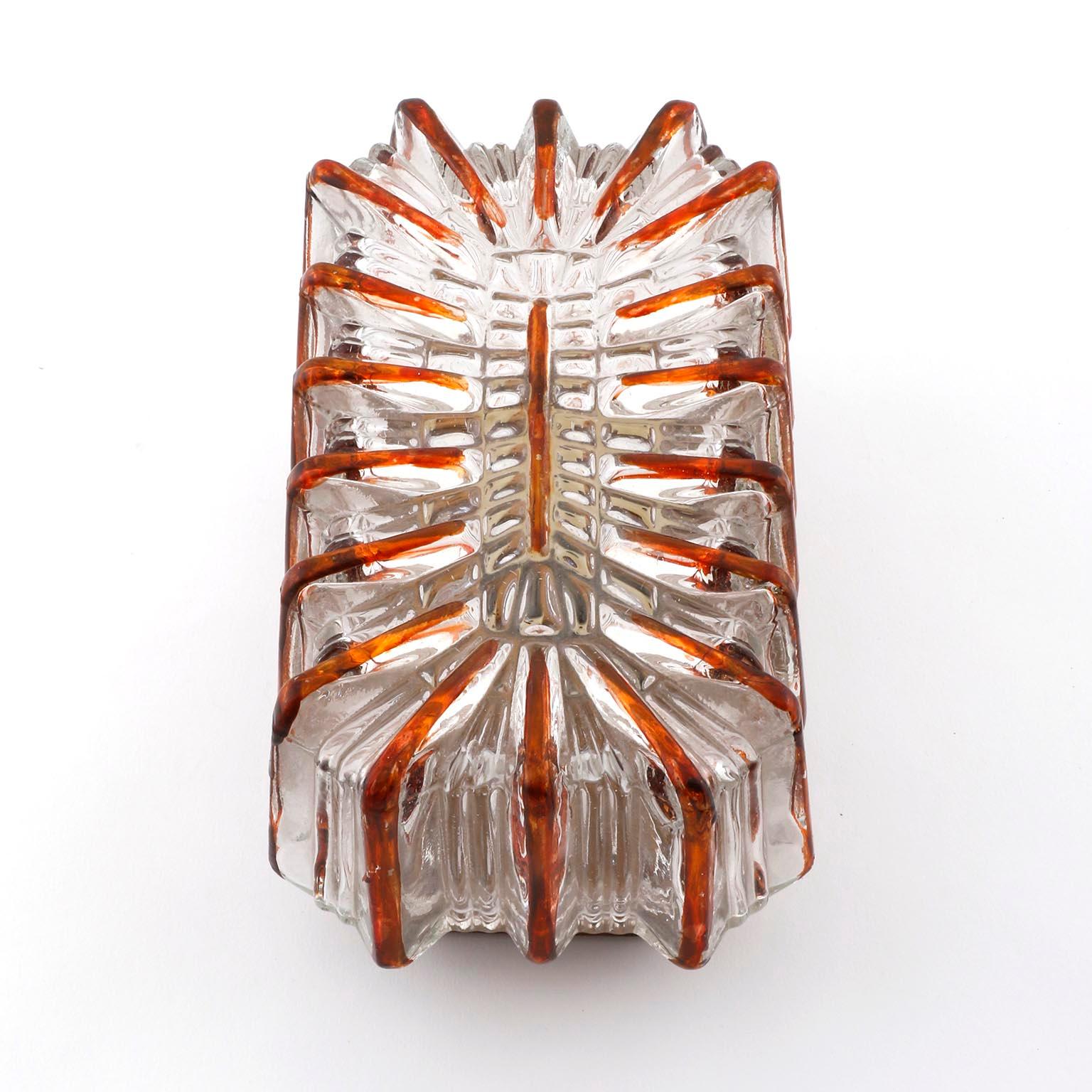 Painted Pair of Amber Tone Sunburst Glass Sconces Light Fixtures, 1970