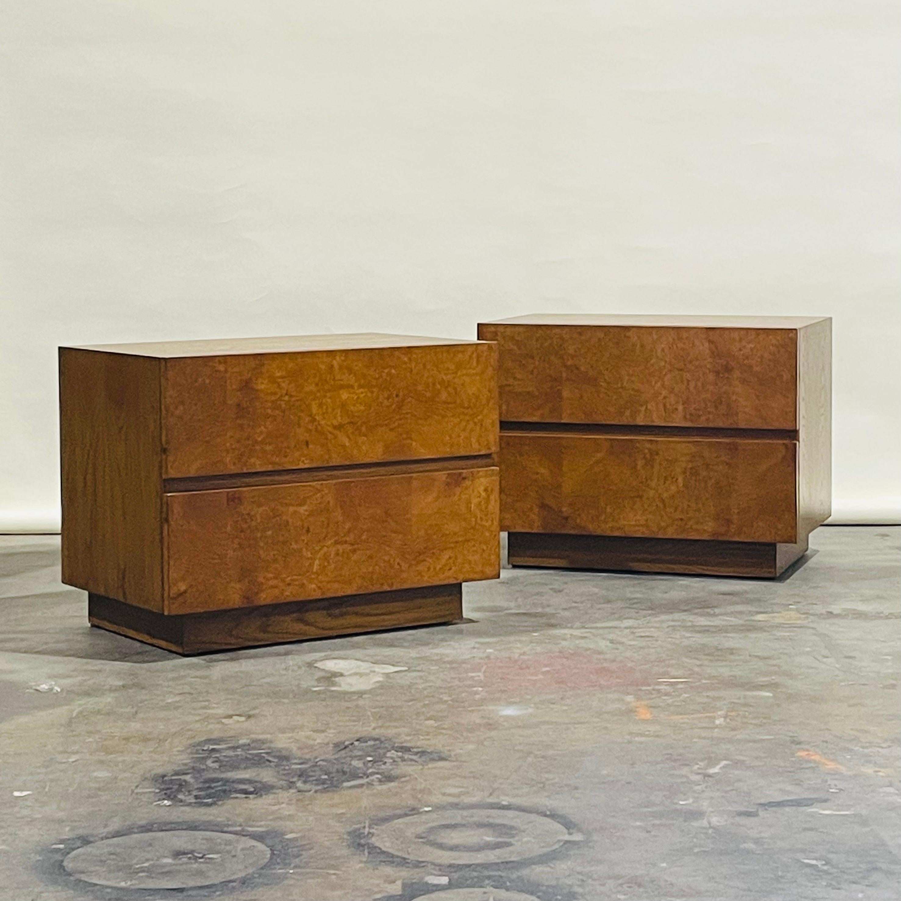 Introducing our 'Amboine' burl wood night stands, the epitome of simplicity and sophistication.

Crafted with meticulous attention to detail in our Los Angeles workshop, these night stands boast a clean and minimalistic design that exudes