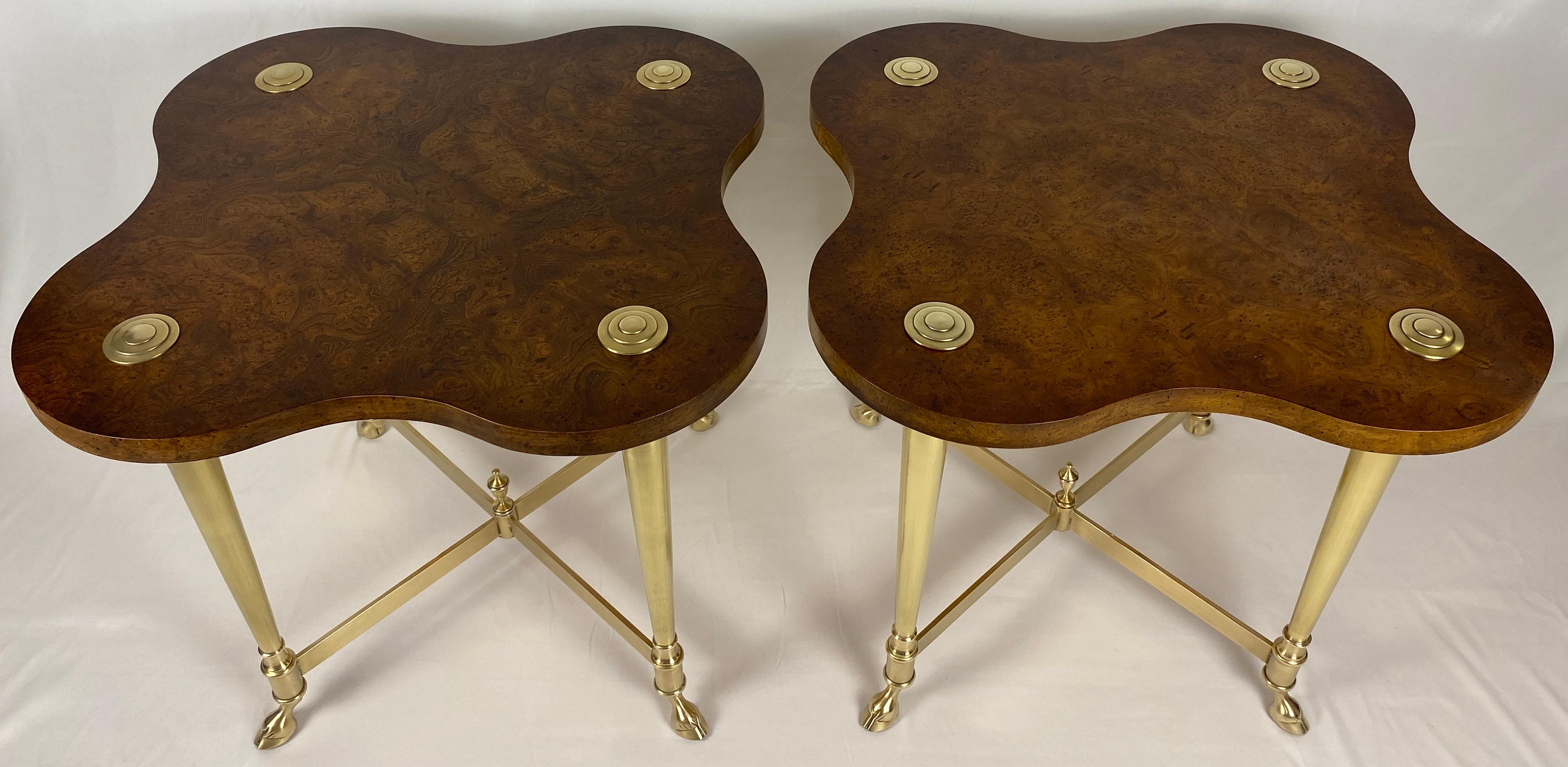 Italian Pair of Amboyna Wood and Brass End Tables For Sale