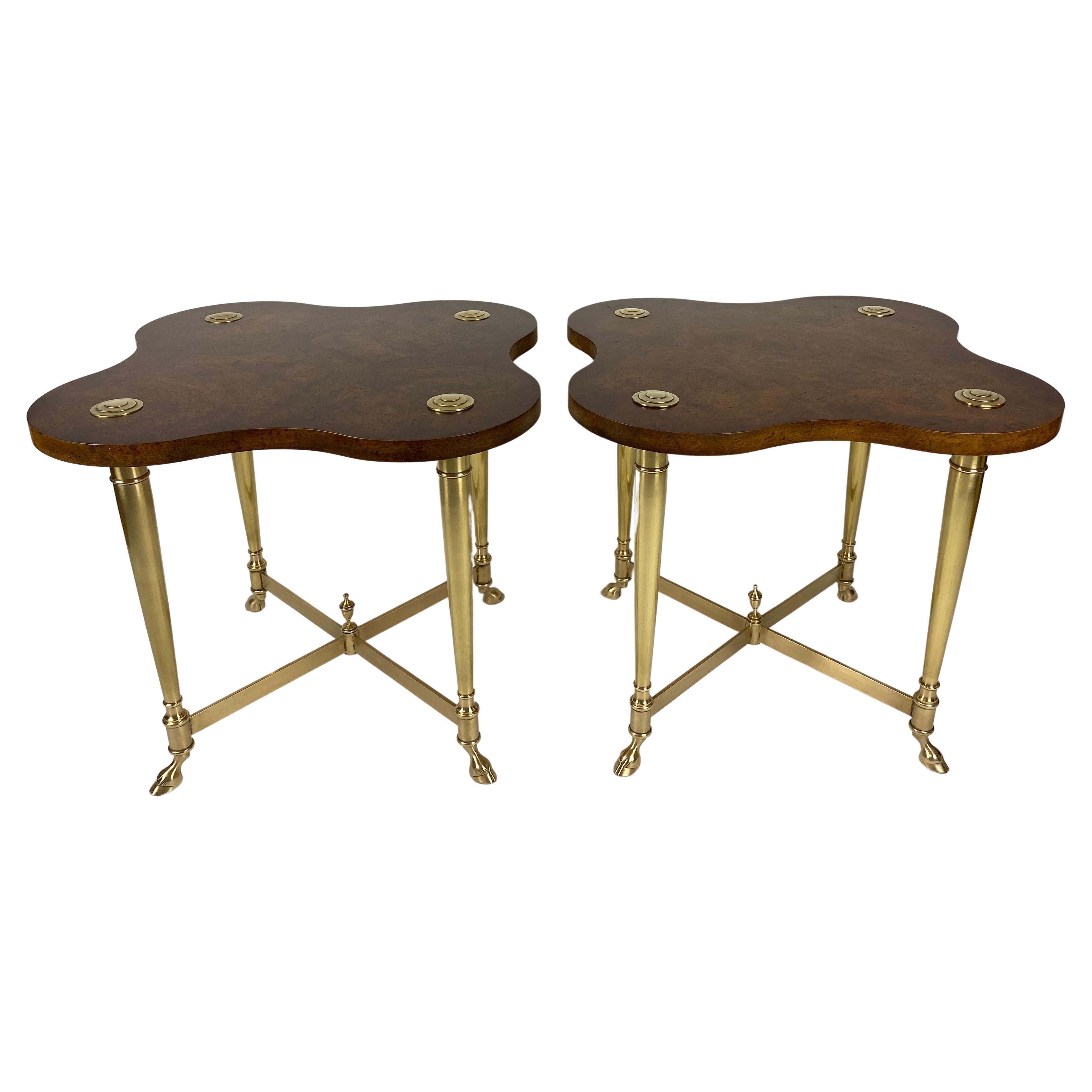 Pair of Amboyna Wood and Brass End Tables For Sale