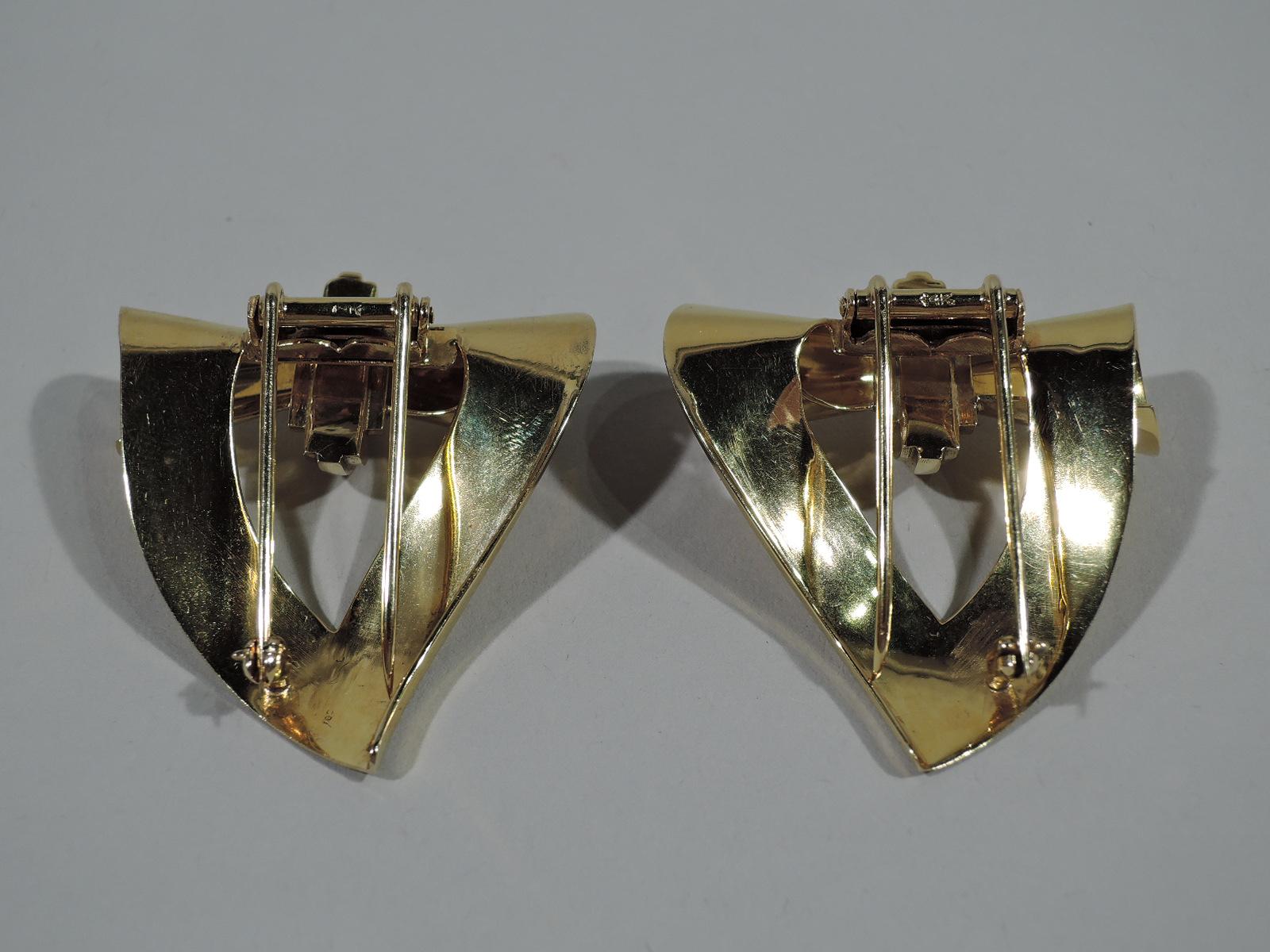Women's or Men's Pair of American 14 Karat Gold Retro Strapwork Pins For Sale