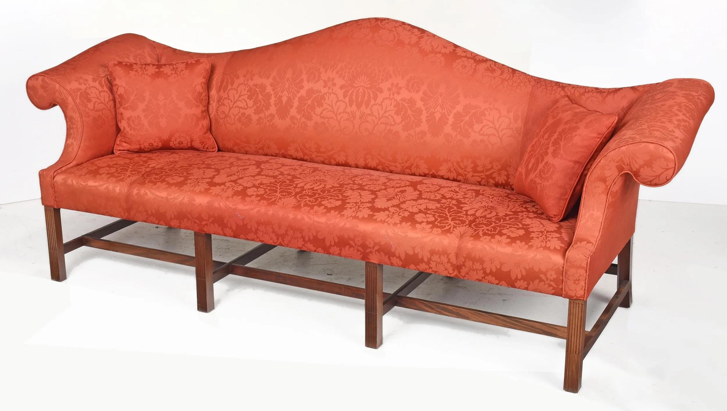 Pair of custom American chippendale mahogany sofas made by Roger Gonzales, Kent, Connecticut, circa 1992, reproducing the sofas at the John Brown House in Newport, Rhode Island, each with stop fluted square mahogany legs with stretchers, frames