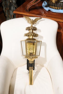 Pair of American 1900s Brass Lanterns with Eagles and Hexagonal Glass Body