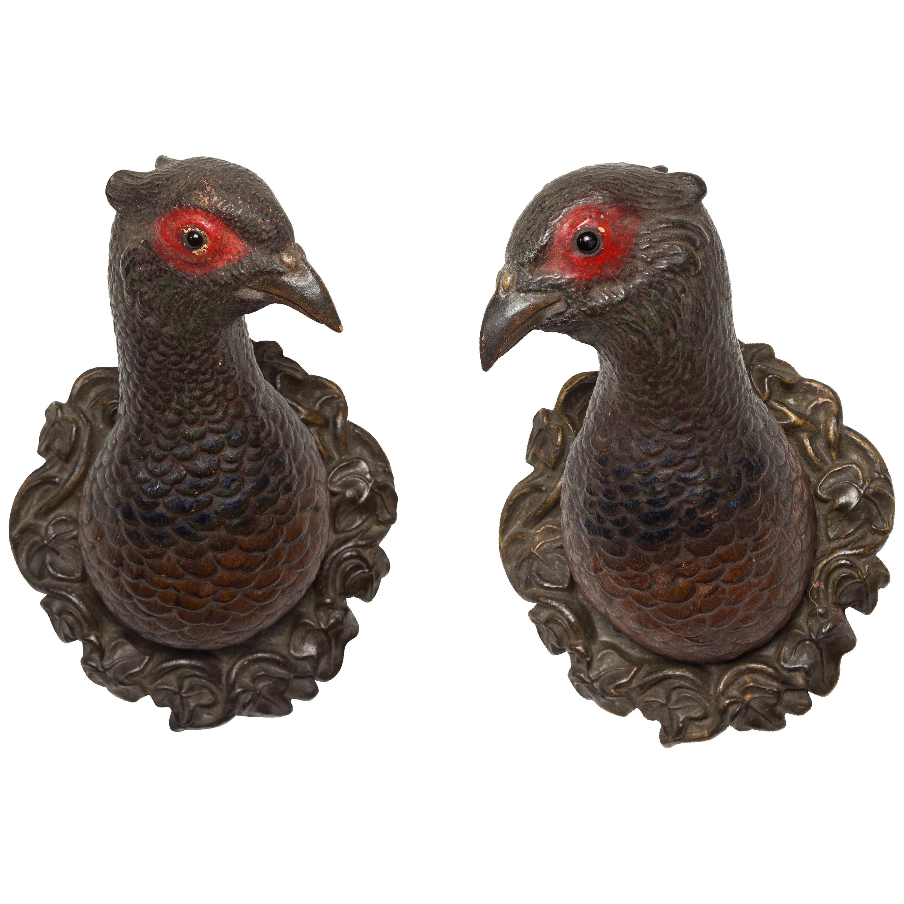 Pair of American 1930s Terracotta Turkey Wall Sculptures with Glass Eyes