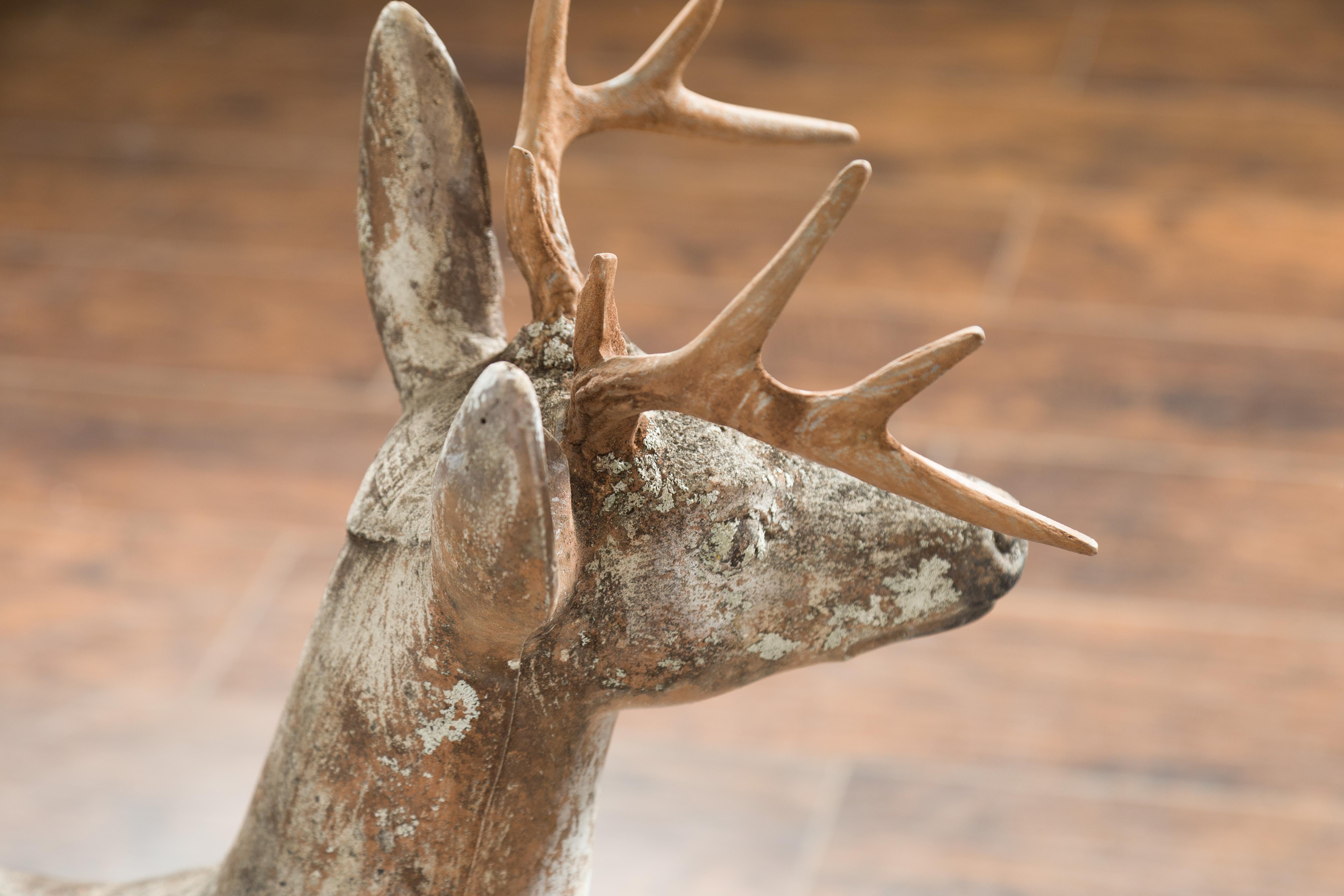 Pair of American 1940s Concrete Deer with Antlers and Green Polygonal Bases For Sale 7