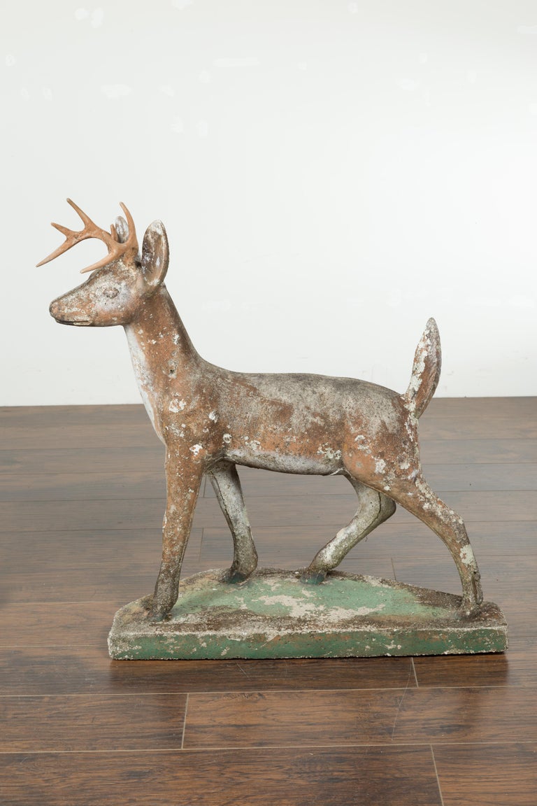 Pair of American 1940s Concrete Deer with Antlers and Green Polygonal Bases For Sale at 1stDibs
