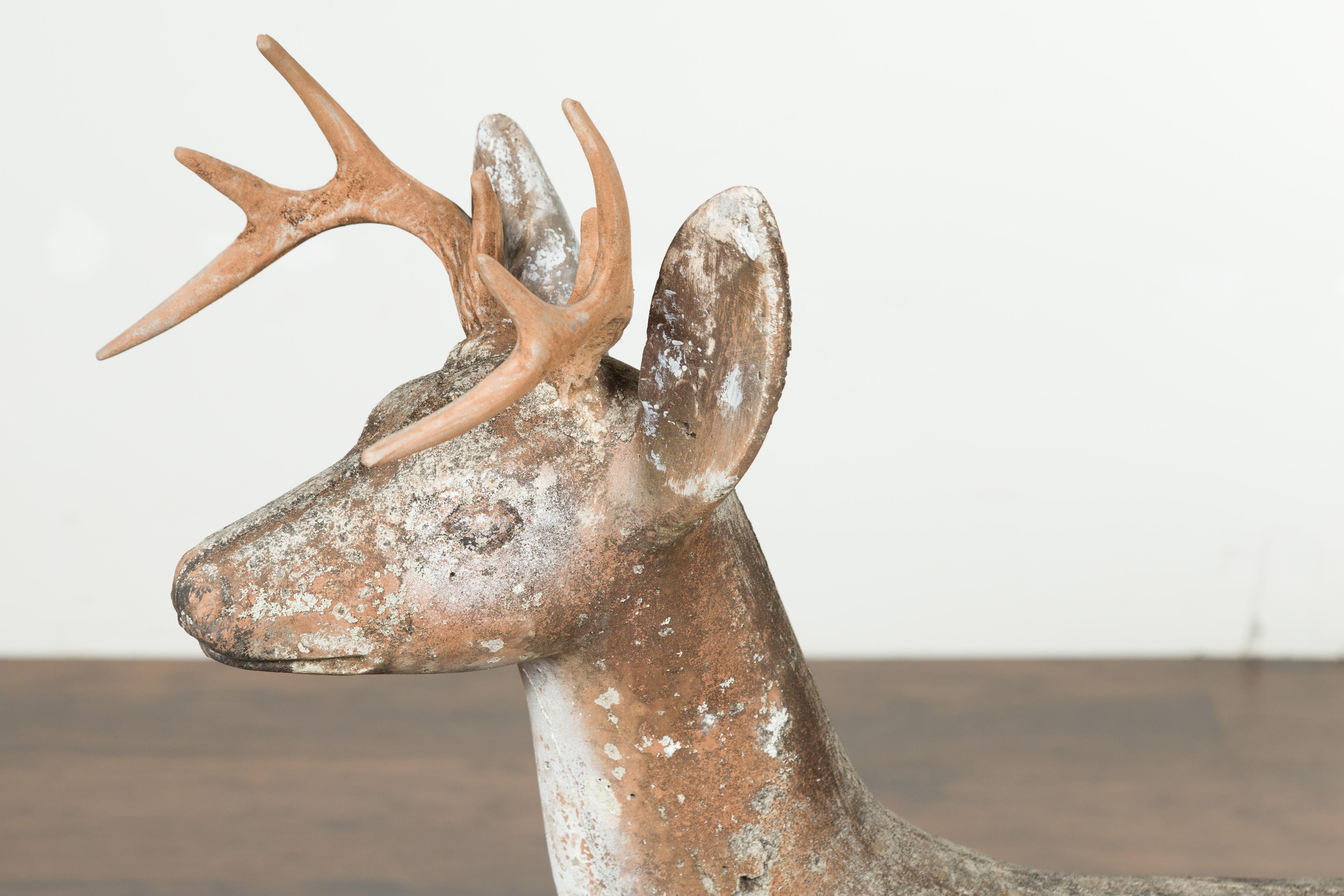 Pair of American 1940s Concrete Deer with Antlers and Green Polygonal Bases In Good Condition For Sale In Atlanta, GA