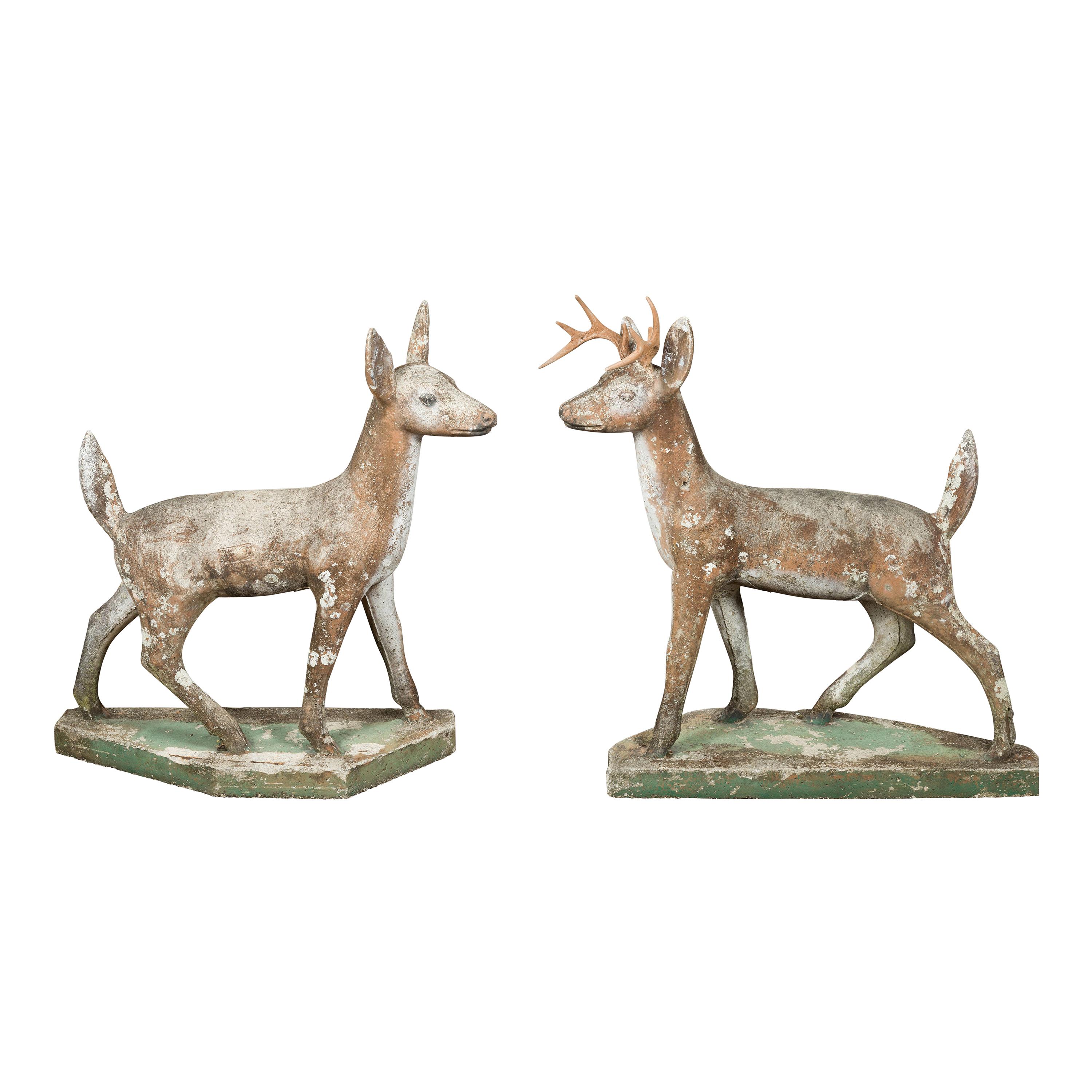 Pair of American 1940s Concrete Deer with Antlers and Green Polygonal Bases