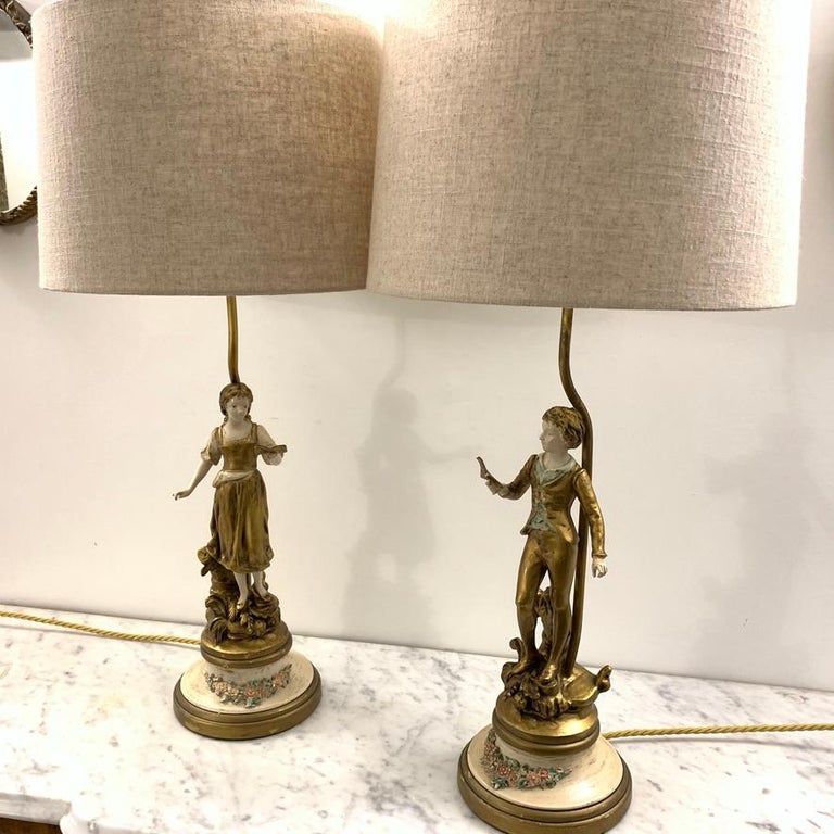 Pair of American 1950s Figure Lamps by L&F Moreau in the French Style