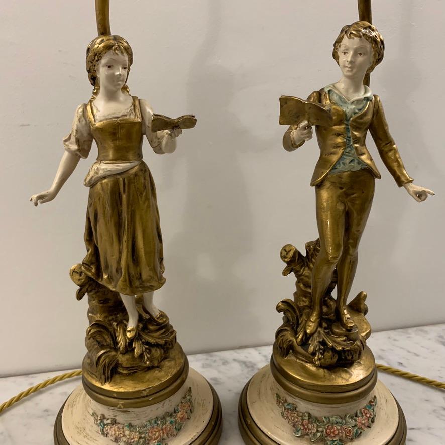 French Provincial Pair of American 1950s Figure Lamps by L&F Moreau in the French Style For Sale