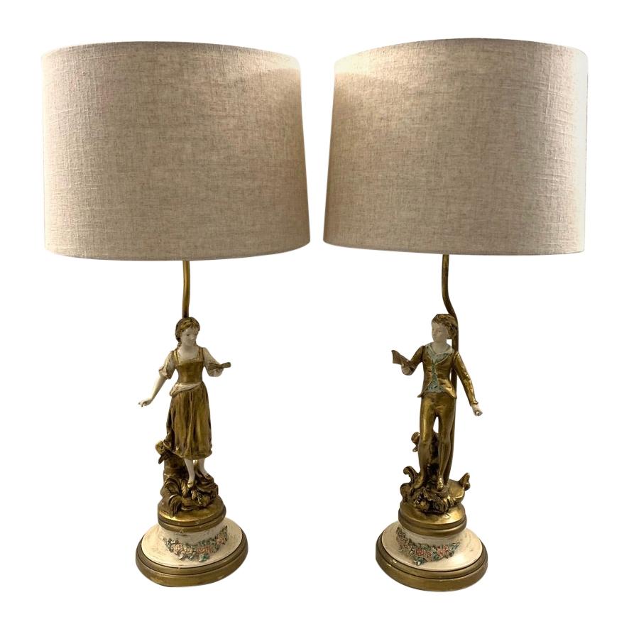Pair of American 1950s Figure Lamps by L&F Moreau in the French Style For Sale