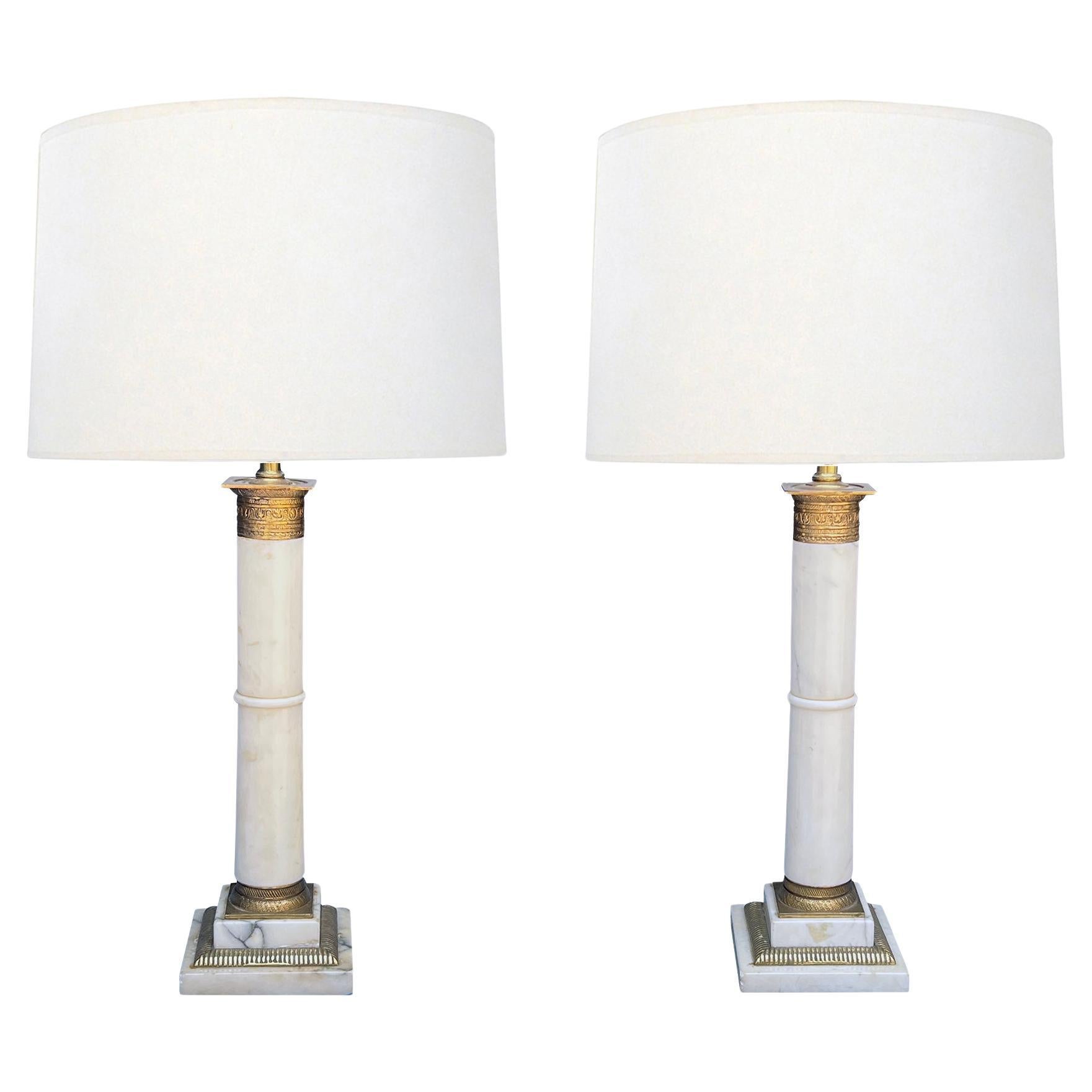 Pair of American 1950s Neoclassical Style Carrera Marble Columnar Lamps For Sale
