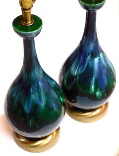 Pair of American 1960s Bottle-Form Emerald Green and Blue Drip-Glaze Lamps