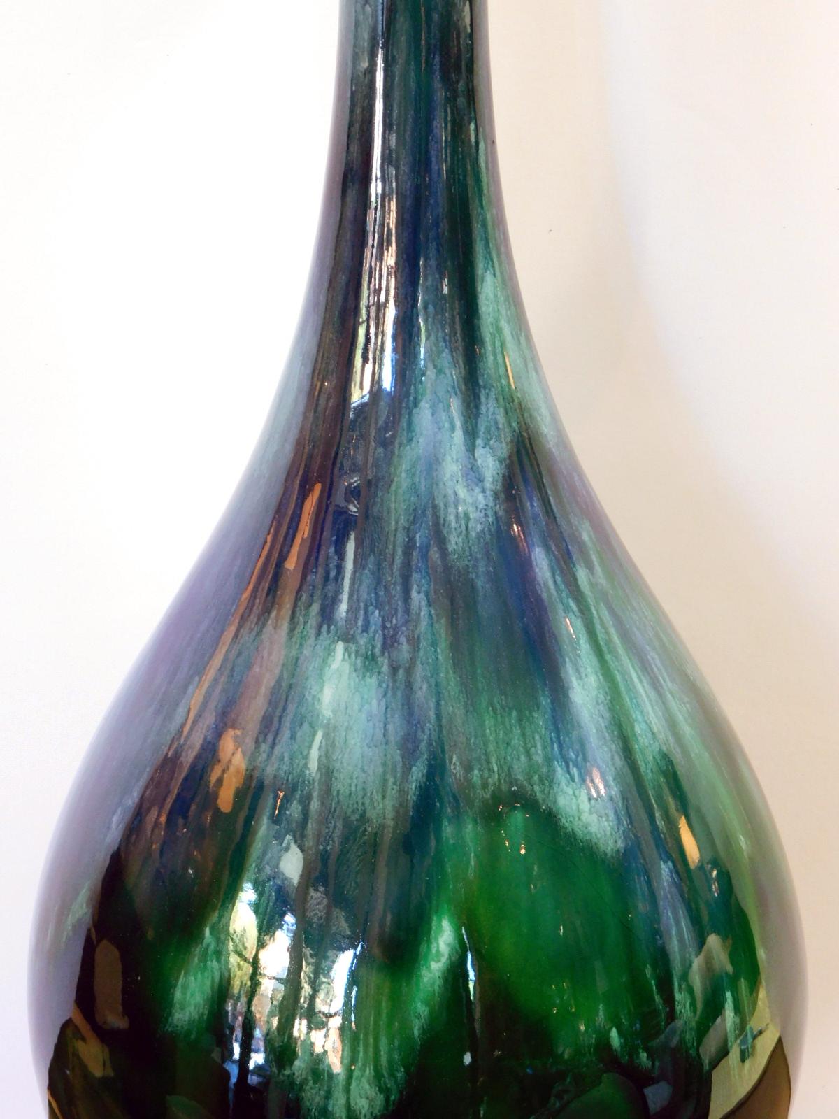 Glazed Pair of American 1960s Bottle-Form Emerald Green and Blue Drip-Glaze Lamps