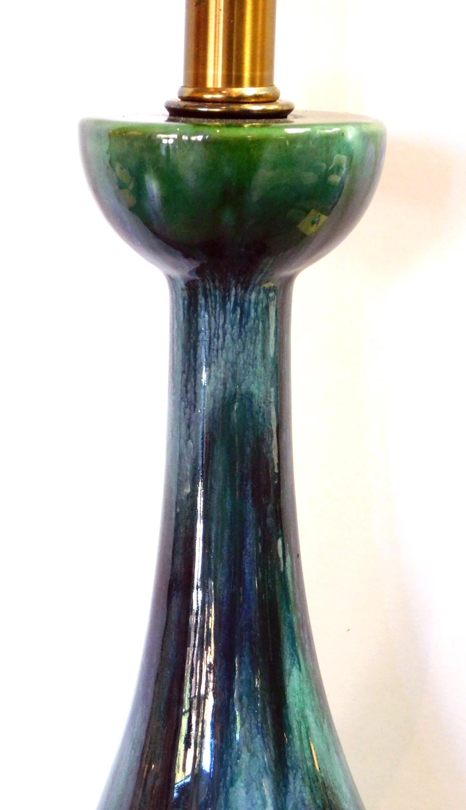 Pair of American 1960s Bottle-Form Emerald Green and Blue Drip-Glaze Lamps In Good Condition In San Francisco, CA