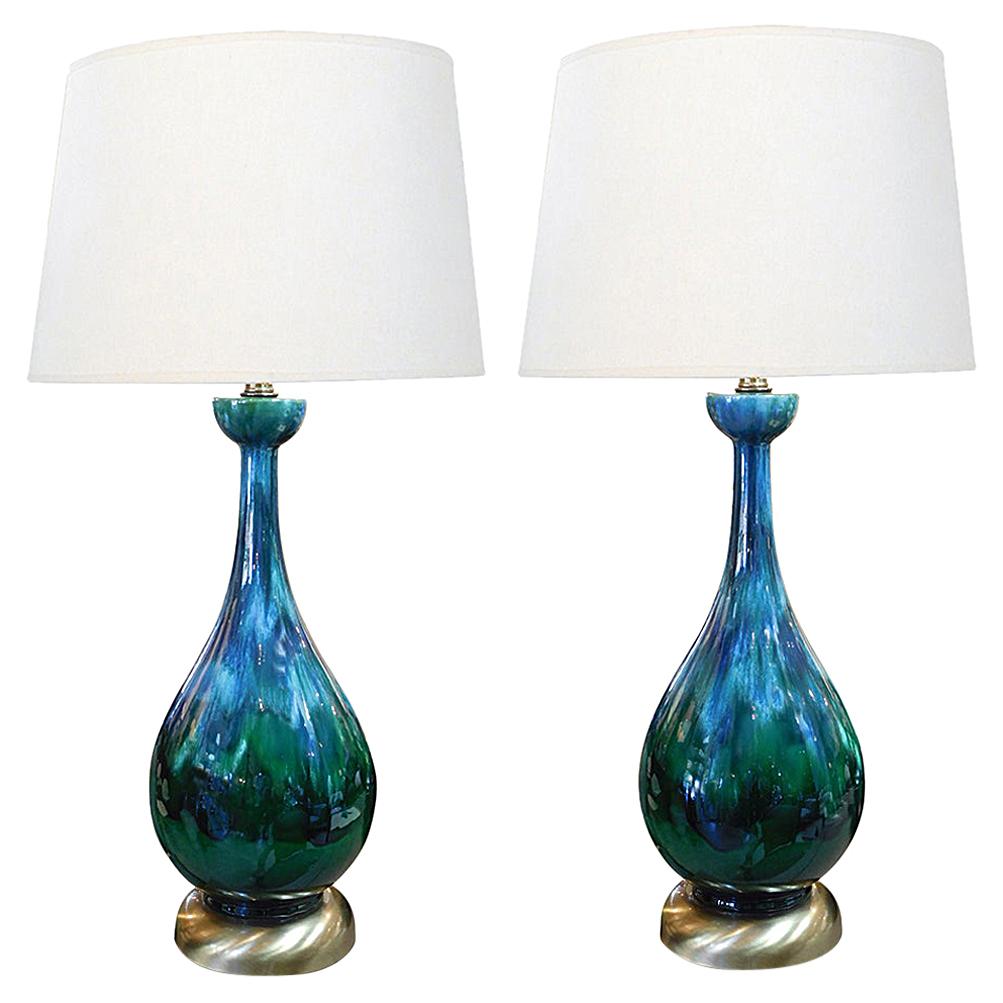 Pair of American 1960s Bottle-Form Emerald Green and Blue Drip-Glaze Lamps