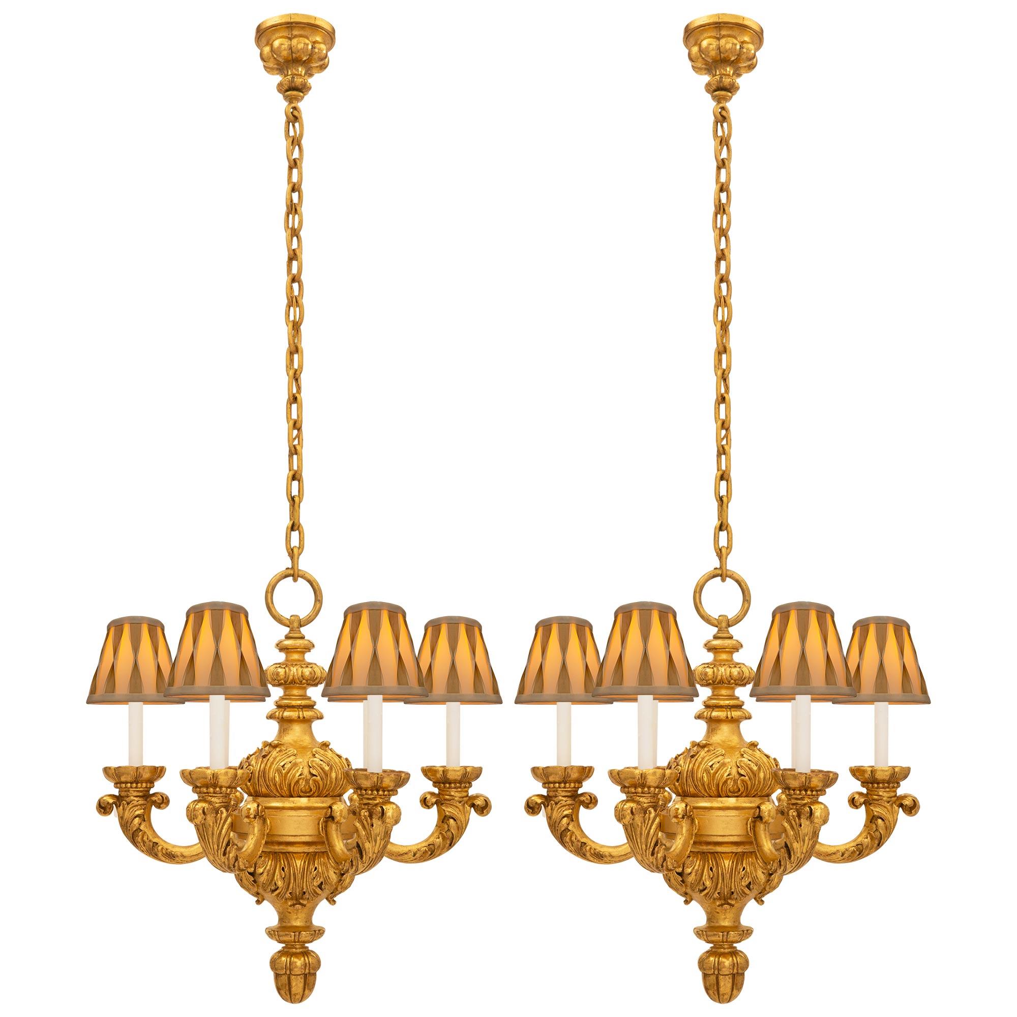 Pair of American 19th Century Louis XV St. Giltwood Chandeliers Stamped Caldwell In Good Condition For Sale In West Palm Beach, FL