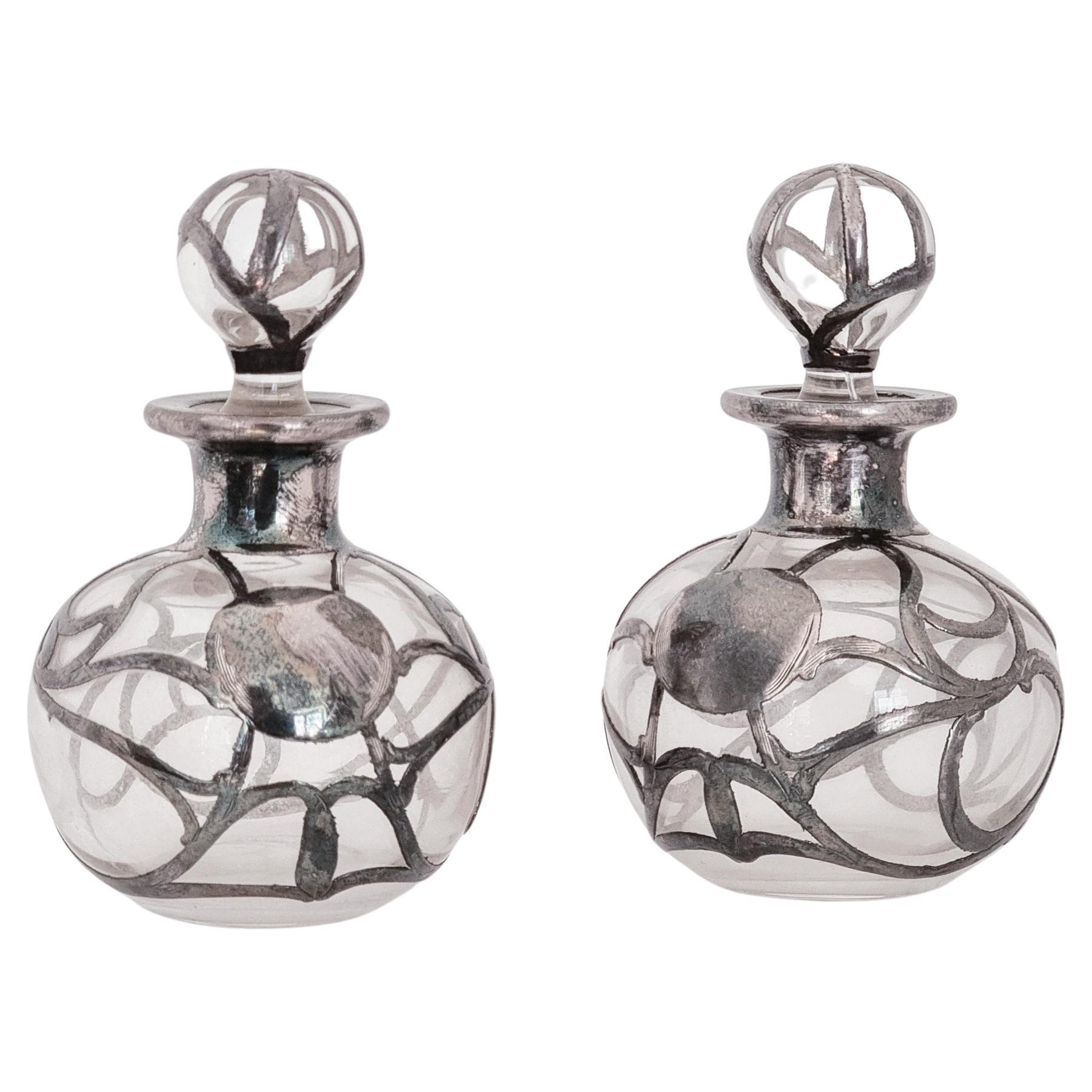 Pair of American Alvin Fine Silver Overlay Glass Perfume Bottles Art Nouveau For Sale