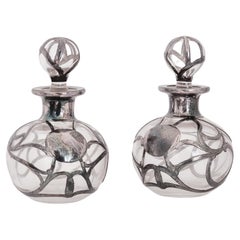 Pair of American Alvin Fine Silver Overlay Glass Perfume Bottles Art Nouveau