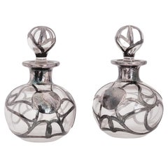 Antique Pair of American Alvin Fine Silver Overlay Glass Perfume Bottles Art Nouveau