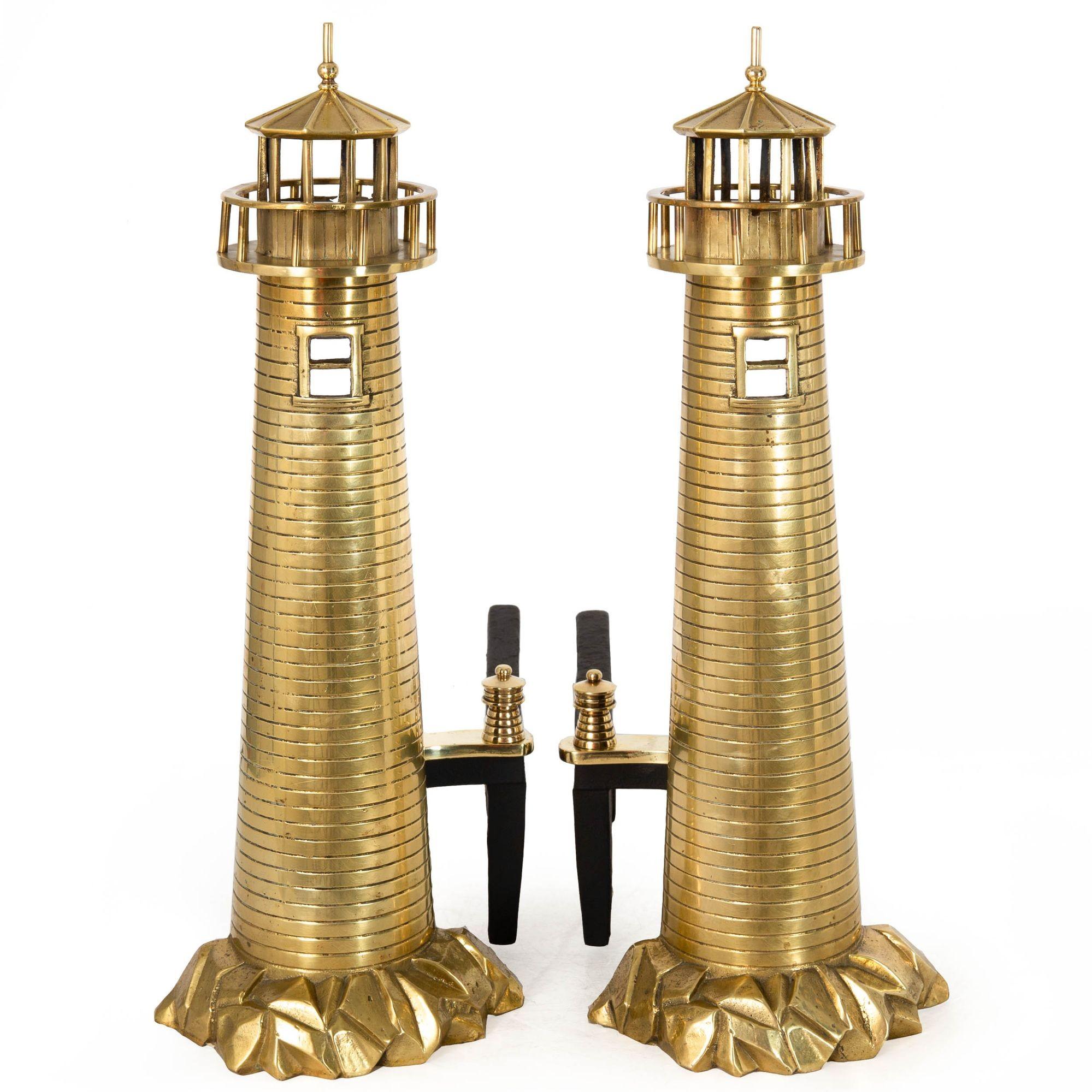 Arts and Crafts Pair of American Antique Lighthouse Brass Andirons by Rostand