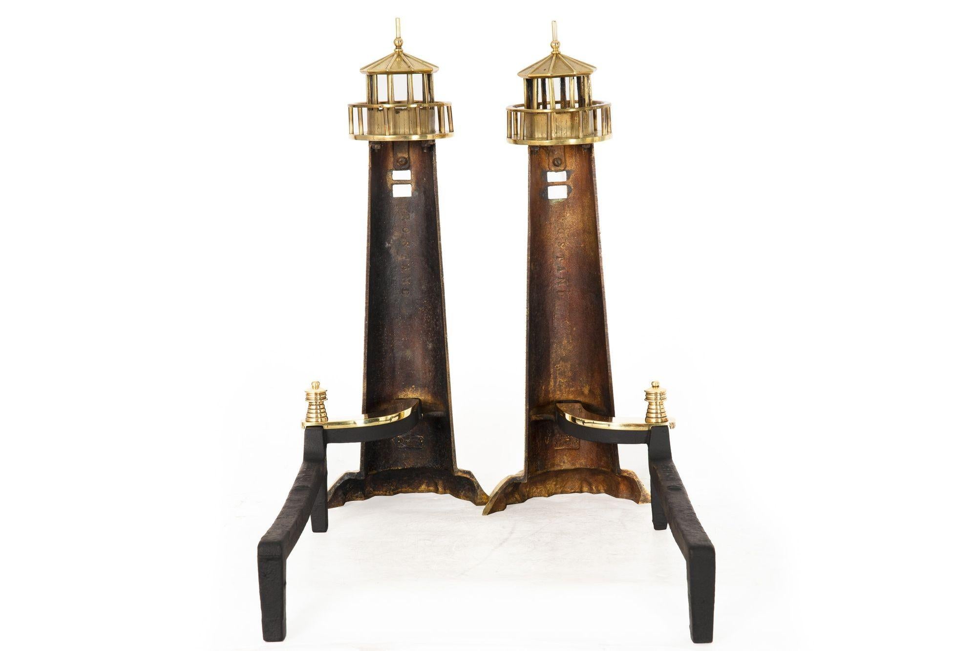 Pair of American Antique Lighthouse Brass Andirons by Rostand In Good Condition In Shippensburg, PA