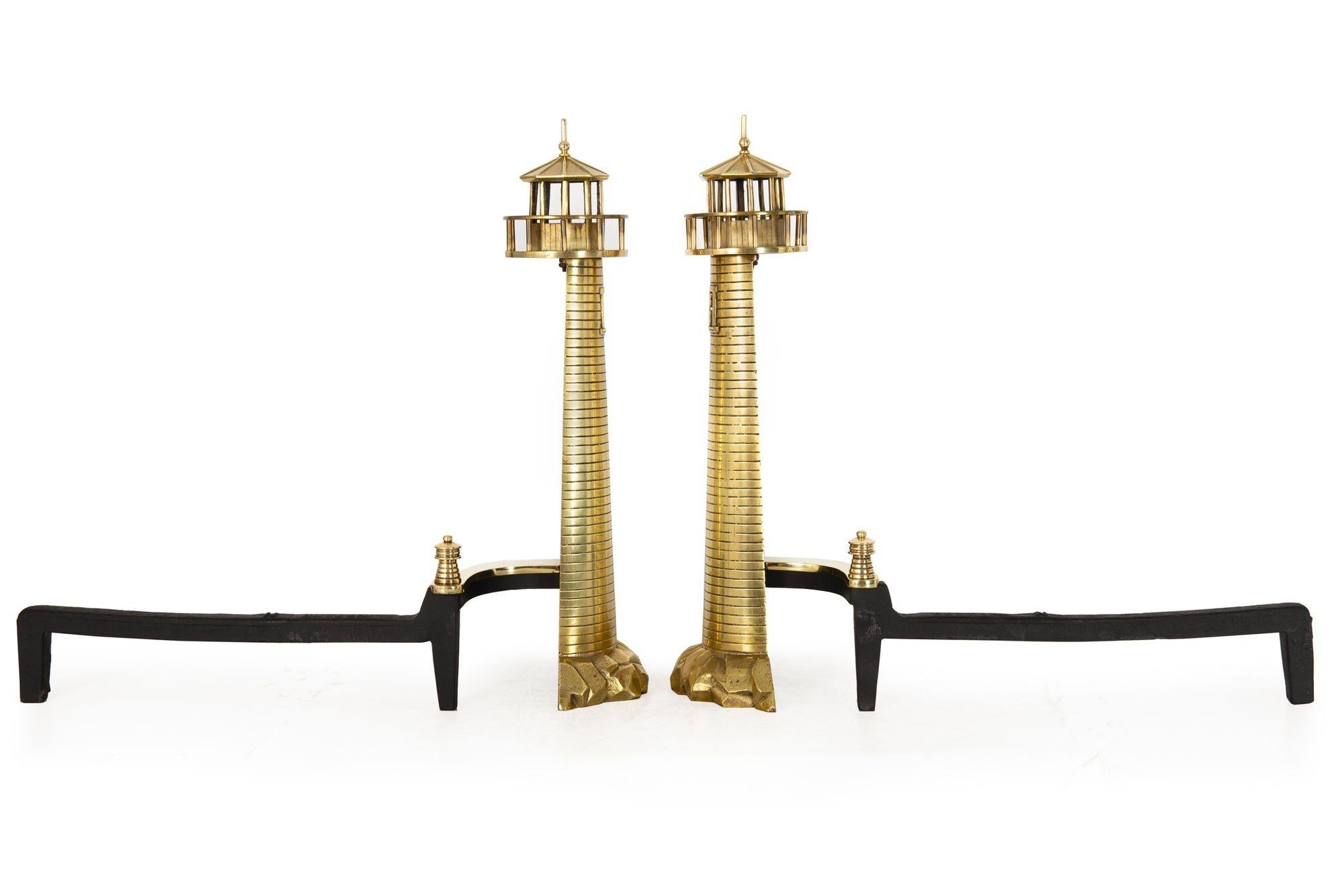 20th Century Pair of American Antique Lighthouse Brass Andirons by Rostand For Sale