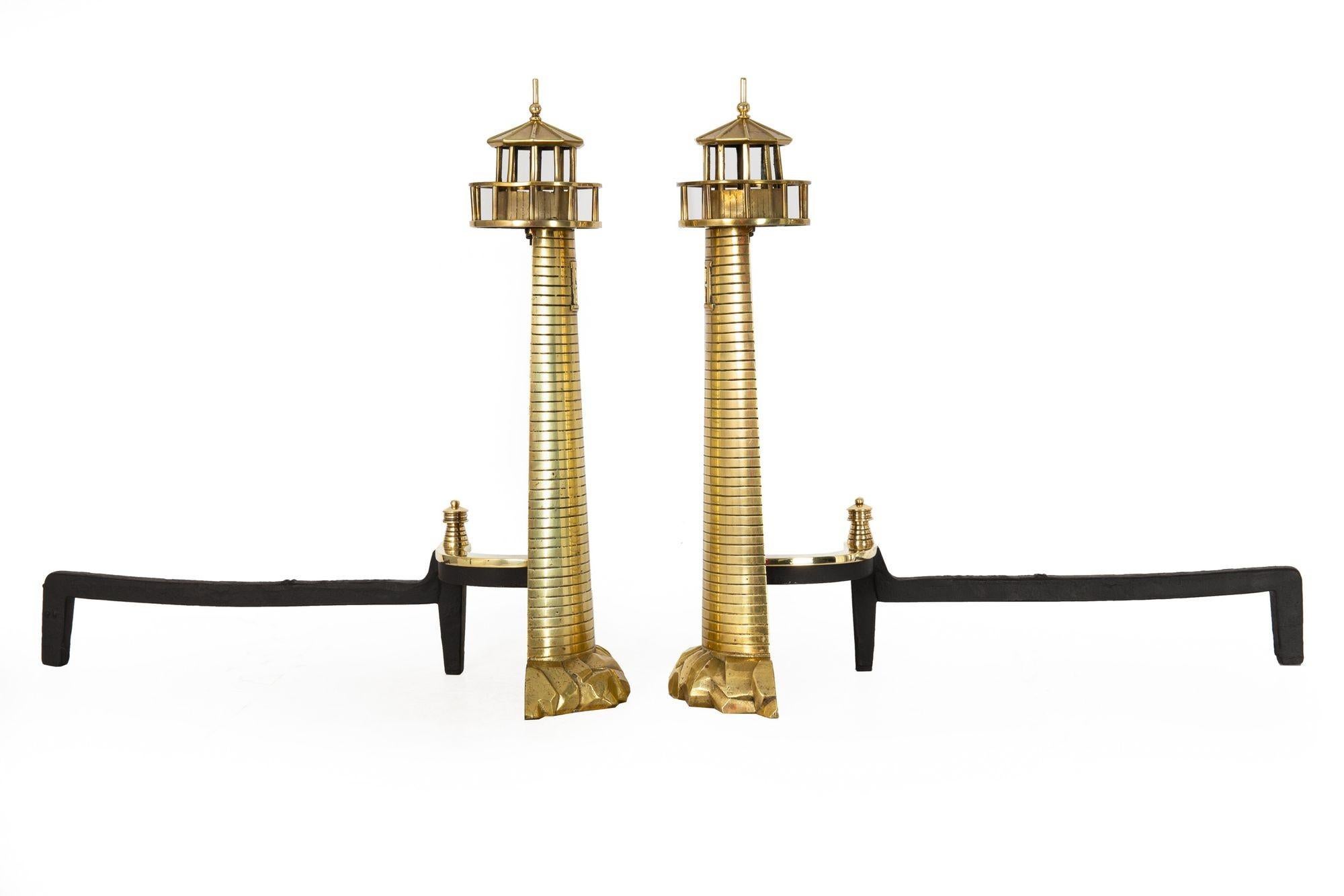 Pair of American Antique Lighthouse Brass Andirons by Rostand 1