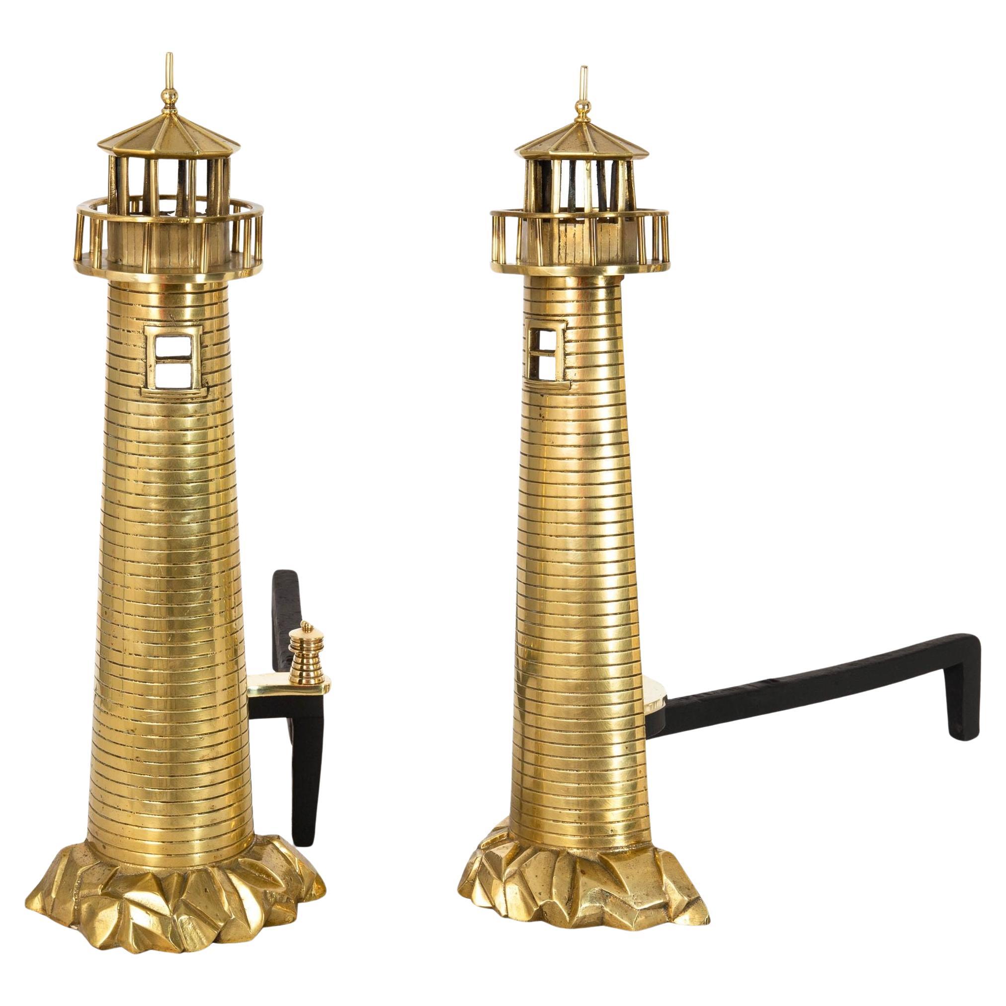 Pair of American Antique Lighthouse Brass Andirons by Rostand For Sale