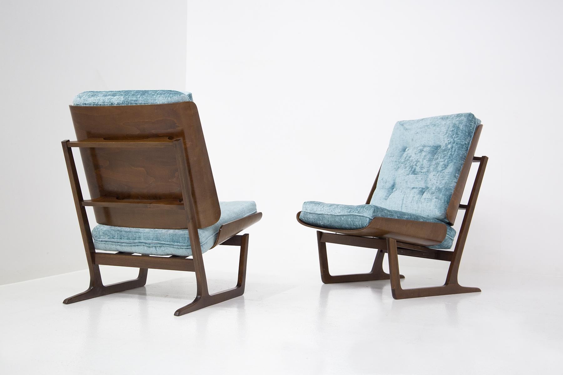Mid-Century Modern Pair of American Armchairs in Wood and Blue Light Velvet