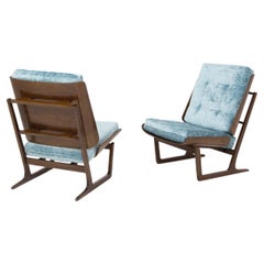 Pair of American Armchairs in Wood and Blue Light Velvet