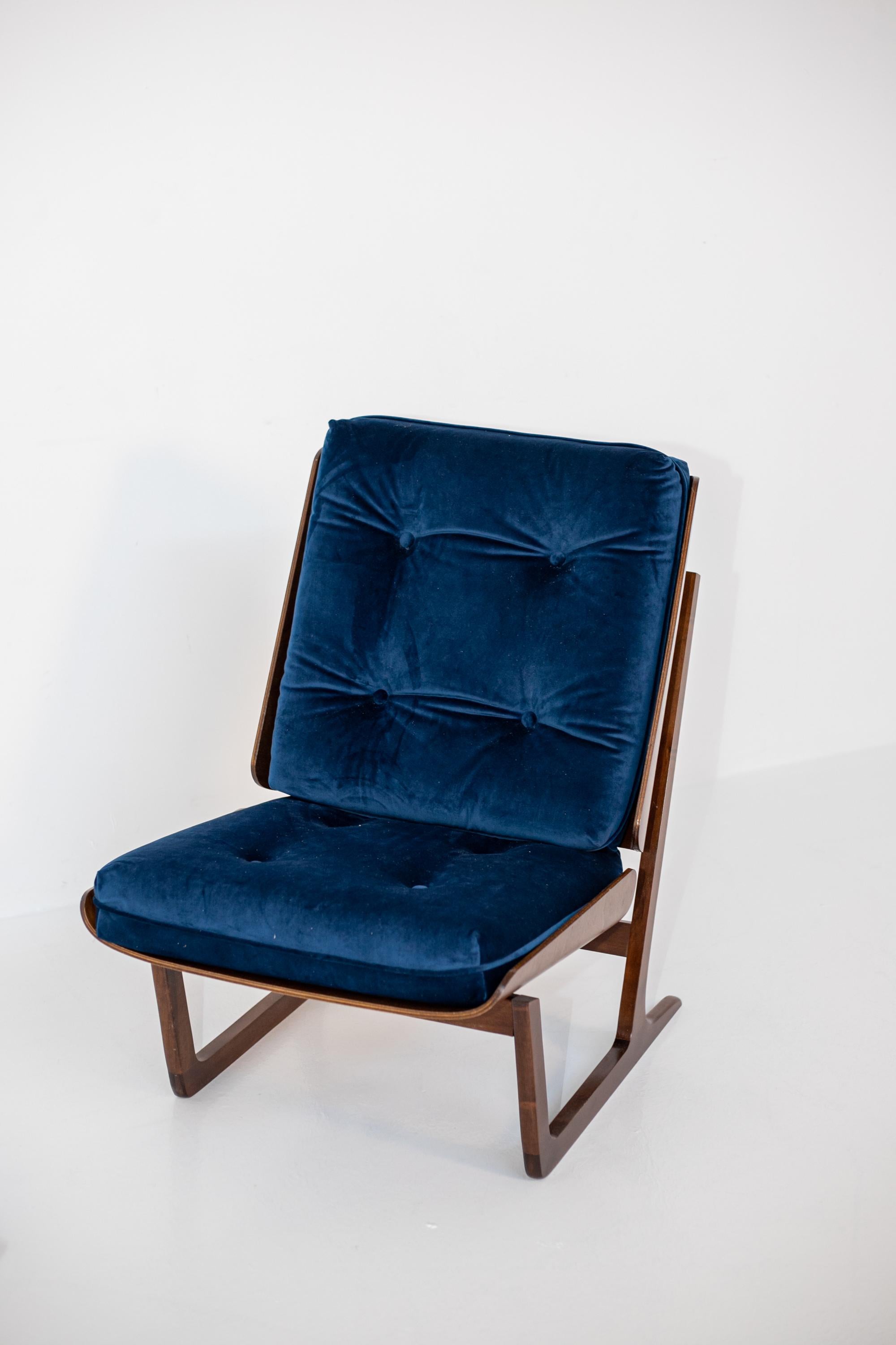 Pair of American Armchairs in Wood and Blue Velvet 7