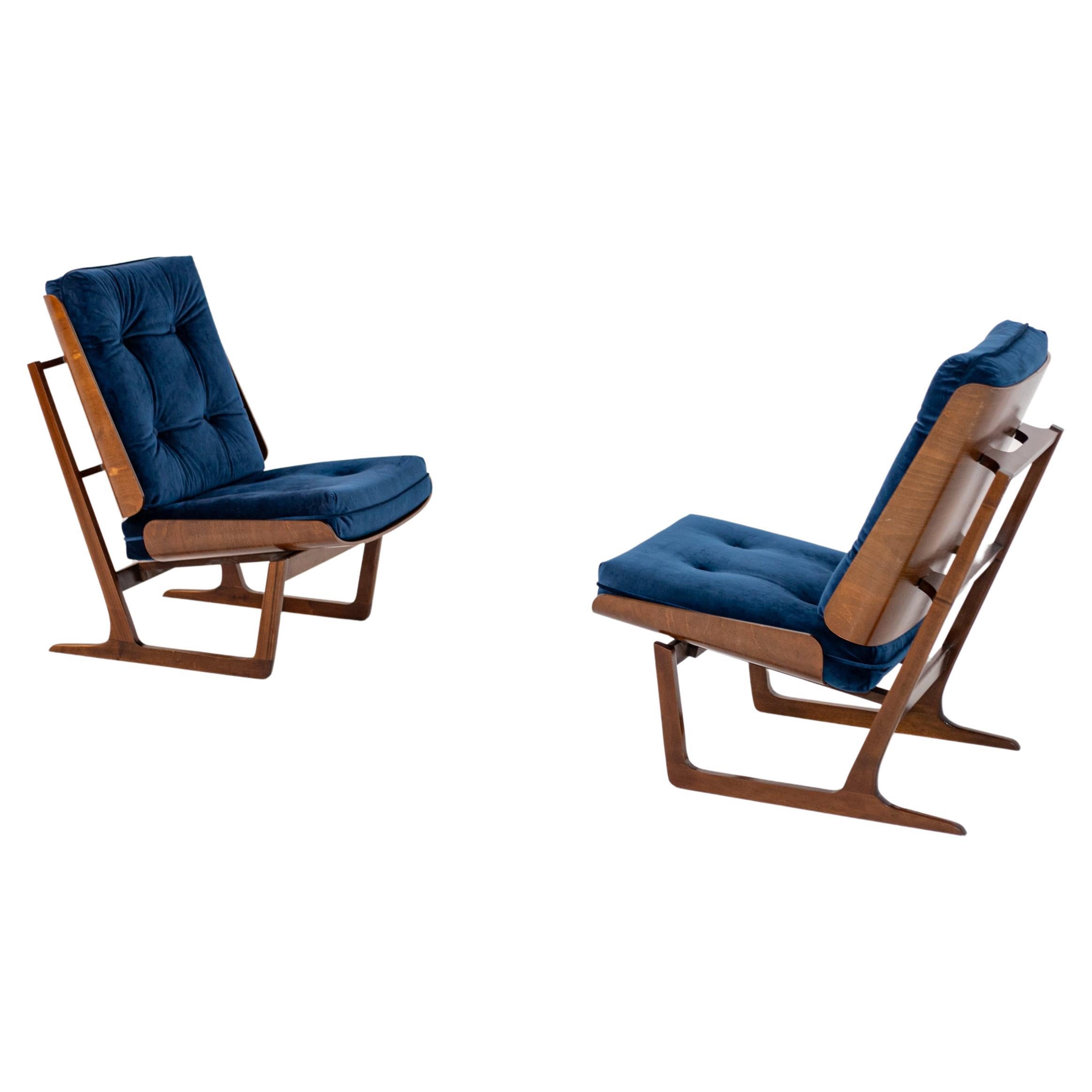 Pair of American Armchairs in Wood and Blue Velvet