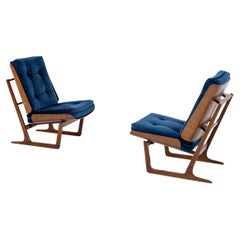 Pair of American Armchairs in Wood and Blue Velvet