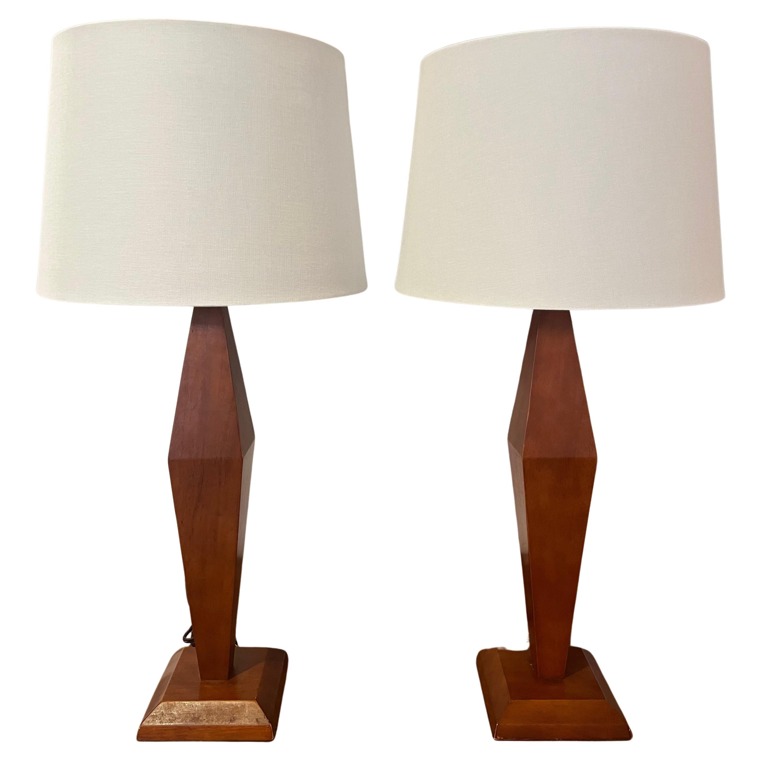 Pair of American Art Deco 1940s Wood Table Lamps For Sale