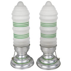 Pair of American Art Deco Aluminum and Frosted Glass Table Lamps