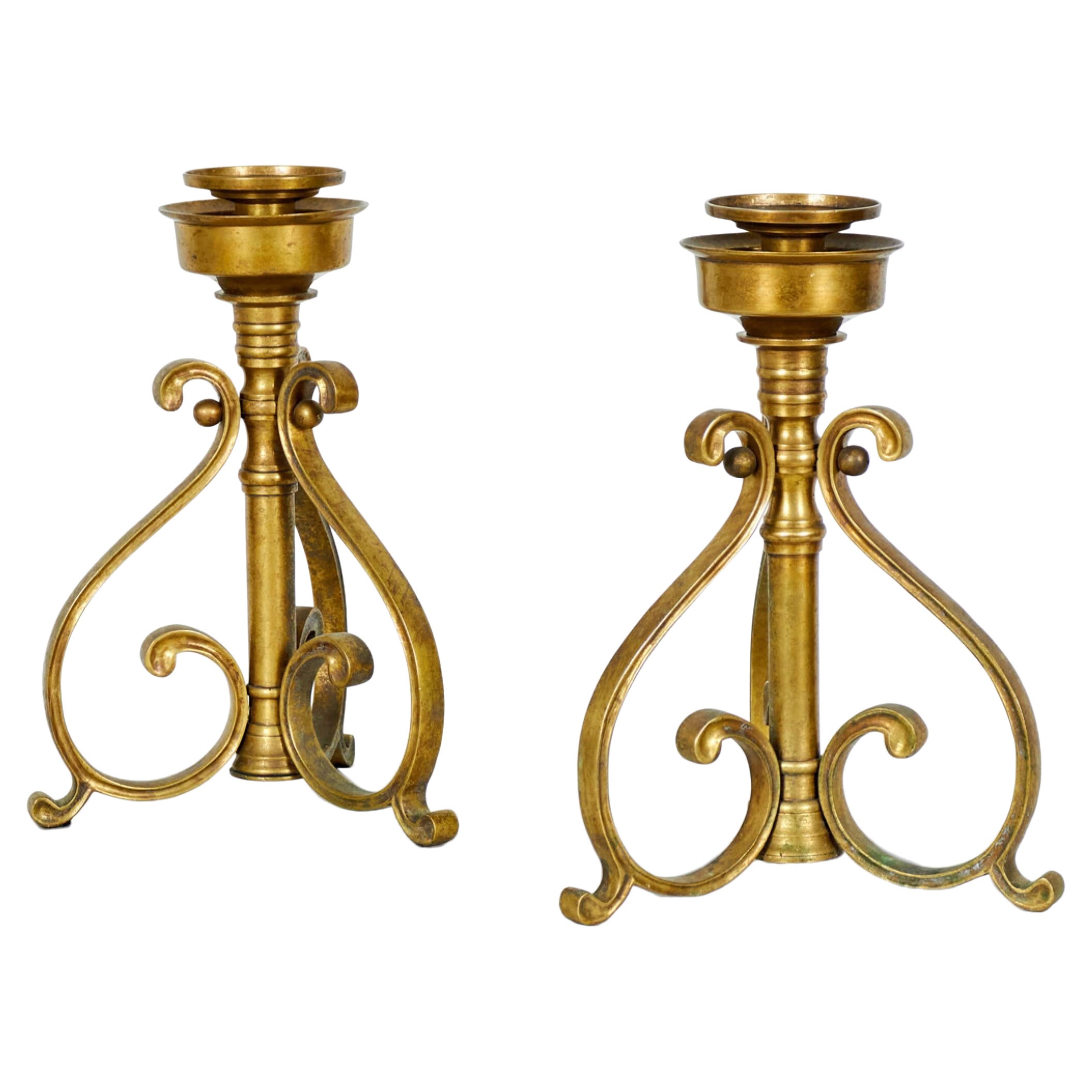 Pair of American Art Deco Bronze Scroll Design Candlesticks For Sale