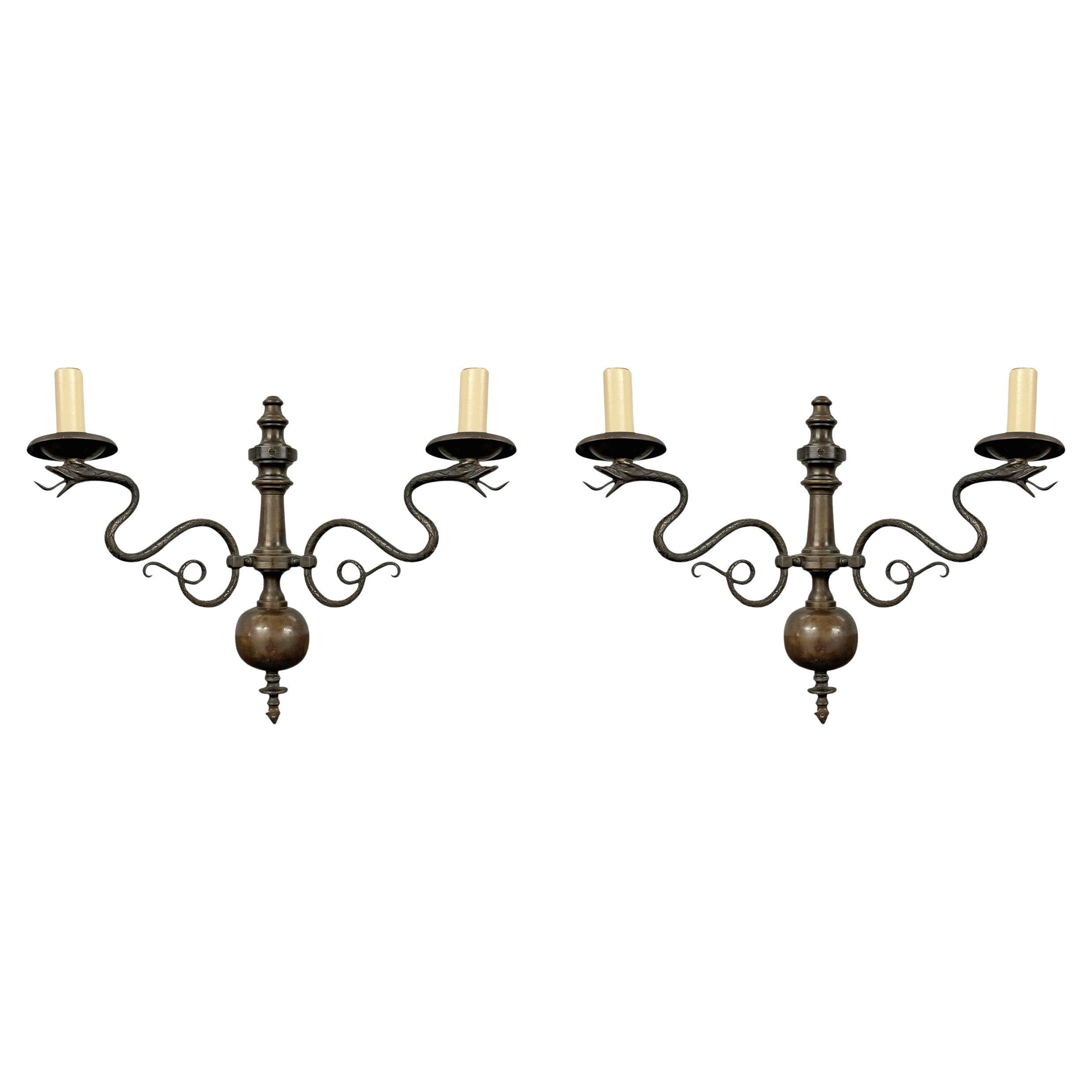 Pair of American Art Deco Bronze Snake Sconces