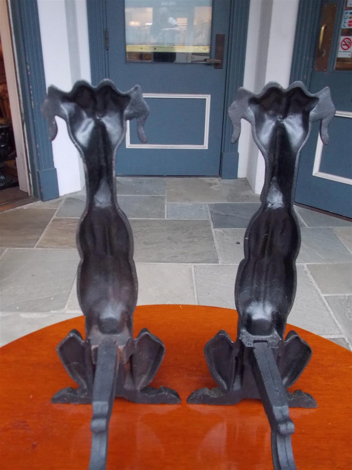Pair of American Art Deco Cast Iron Sporting Dog Andirons with Rear Legs C. 1900 In Excellent Condition In Hollywood, SC
