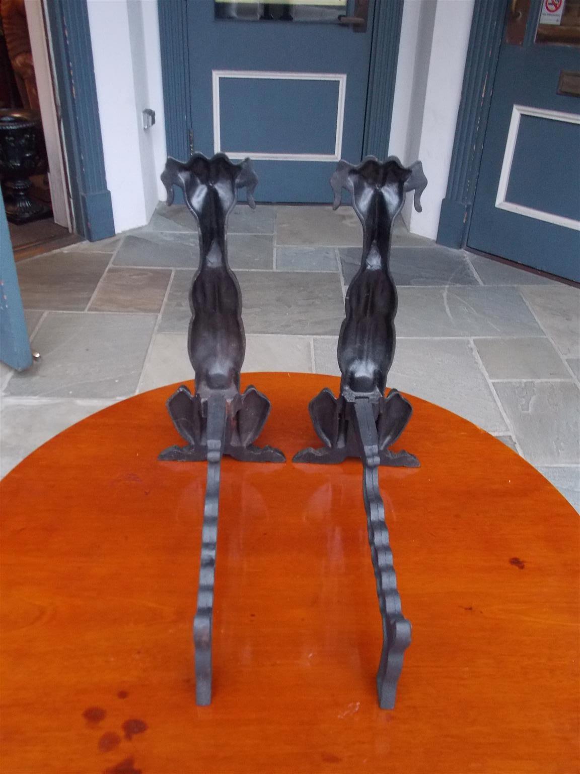 Pair of American Art Deco Cast Iron Sporting Dog Andirons with Rear Legs C. 1900 1
