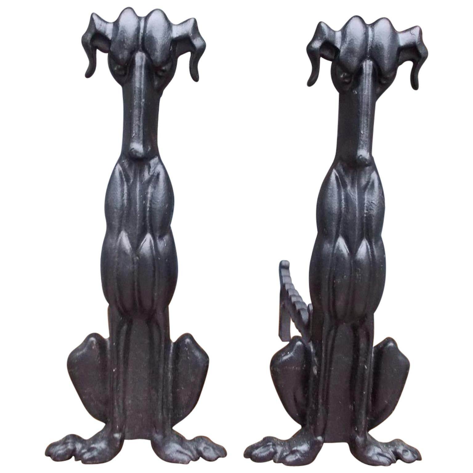Pair of American Art Deco Cast Iron Sporting Dog Andirons with Rear Legs C. 1900