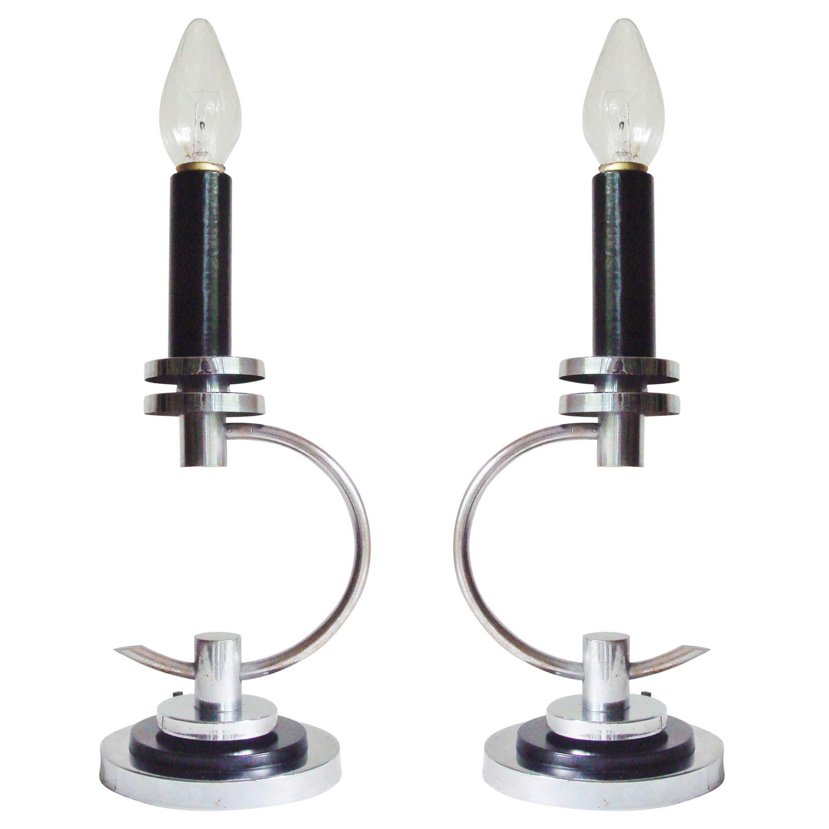 Pair of American Art Deco Chrome and Black Enamel Candle-Form Table Lamps