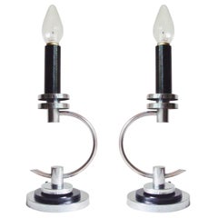 Pair of American Art Deco Chrome and Black Enamel Candle-Form Table Lamps