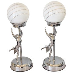 Pair of American Art Deco Chrome Dancer Lamps with Saturn Shades