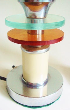 Pair of American Art Deco Chrome, Enamel, Two-Tone & Milk Glass Tall Table Lamps