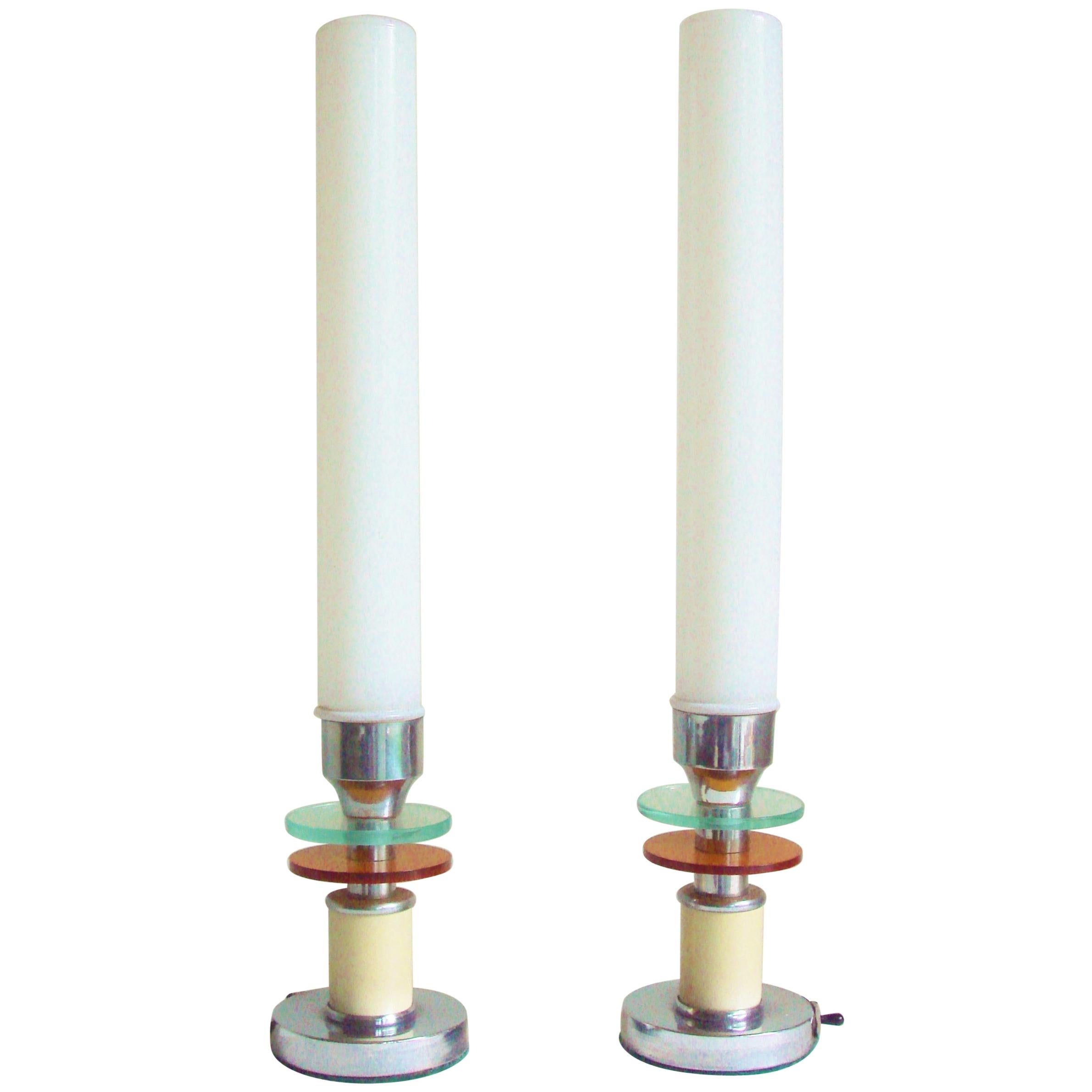 Pair of American Art Deco Chrome, Enamel, Two-Tone & Milk Glass Tall Table Lamps For Sale