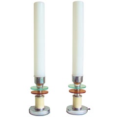 Used Pair of American Art Deco Chrome, Enamel, Two-Tone & Milk Glass Tall Table Lamps