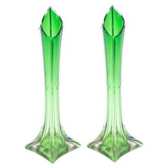 Pair of American Art Deco Green Glass Bud Vases